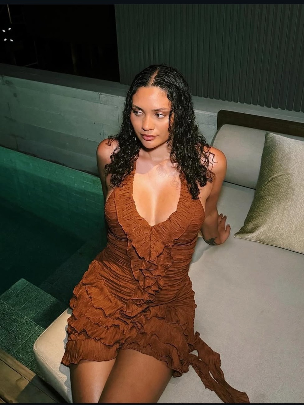 Brown Zara Ruched Ruffle Dress